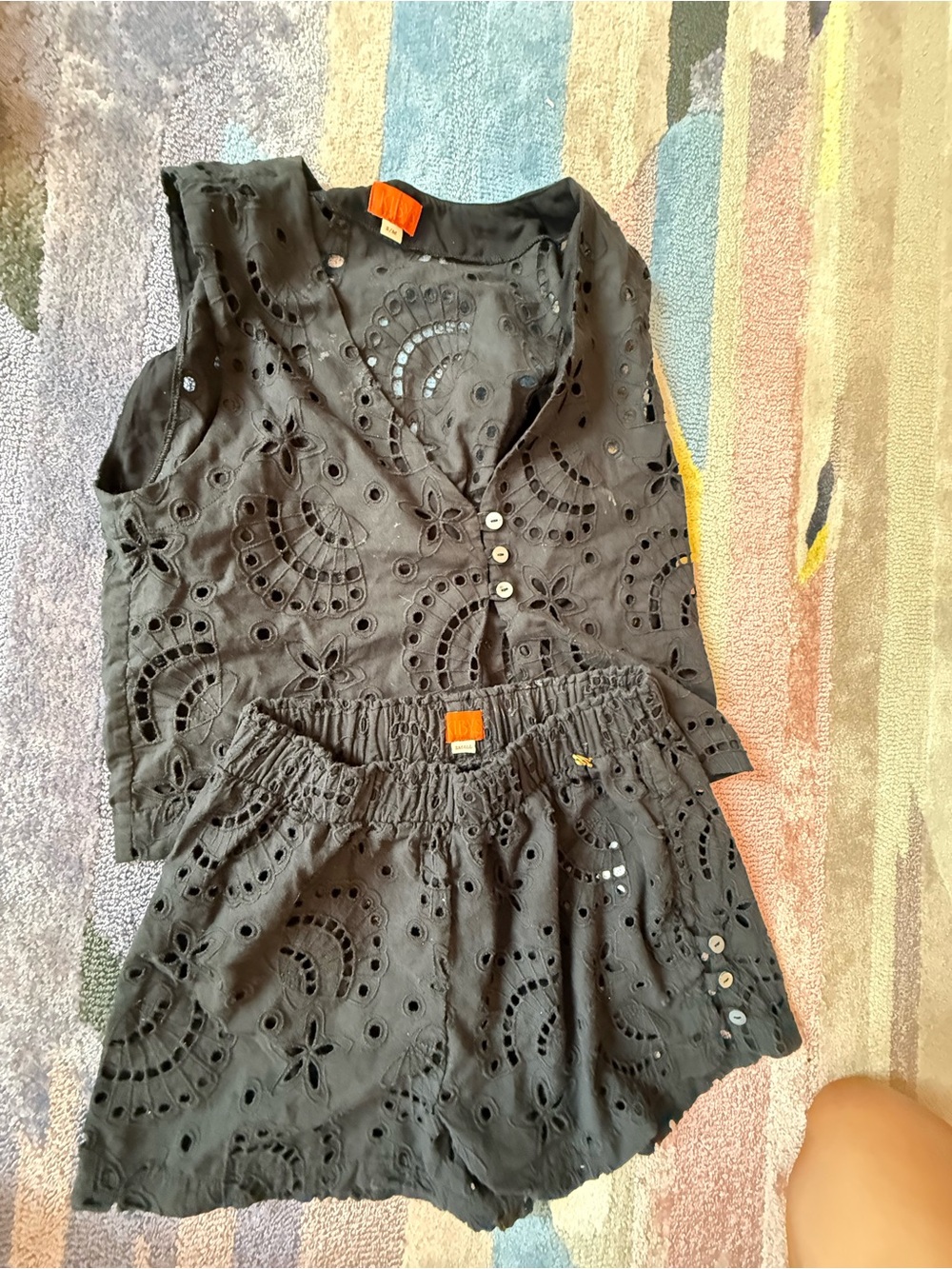 Women's Black Eyelet Button-Up Top & Elastic Waist Shorts Set